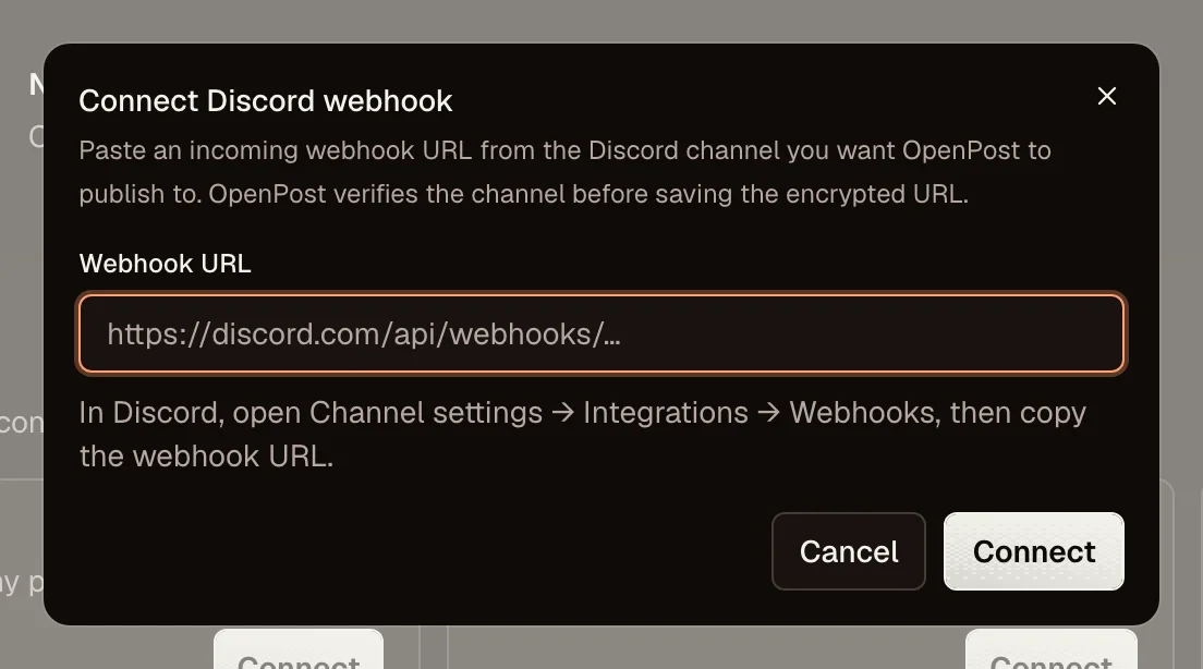 OpenPost connection dialog for Discord webhook URL