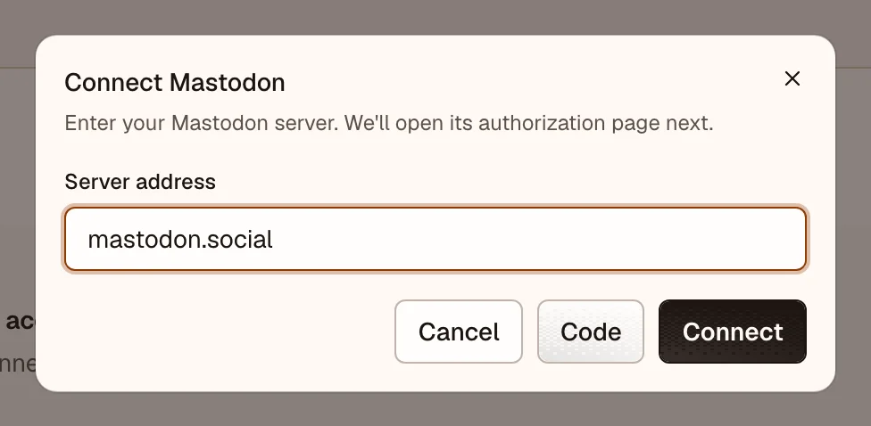 OpenPost connection dialog for Mastodon server address