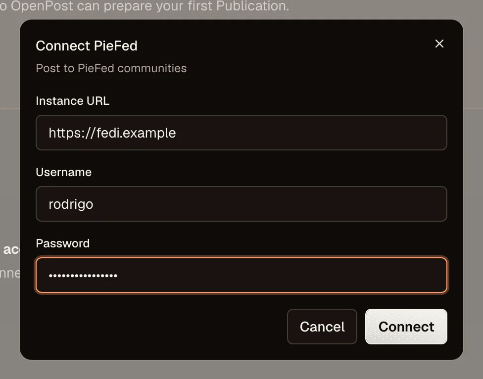 OpenPost connection dialog for PieFed instance credentials