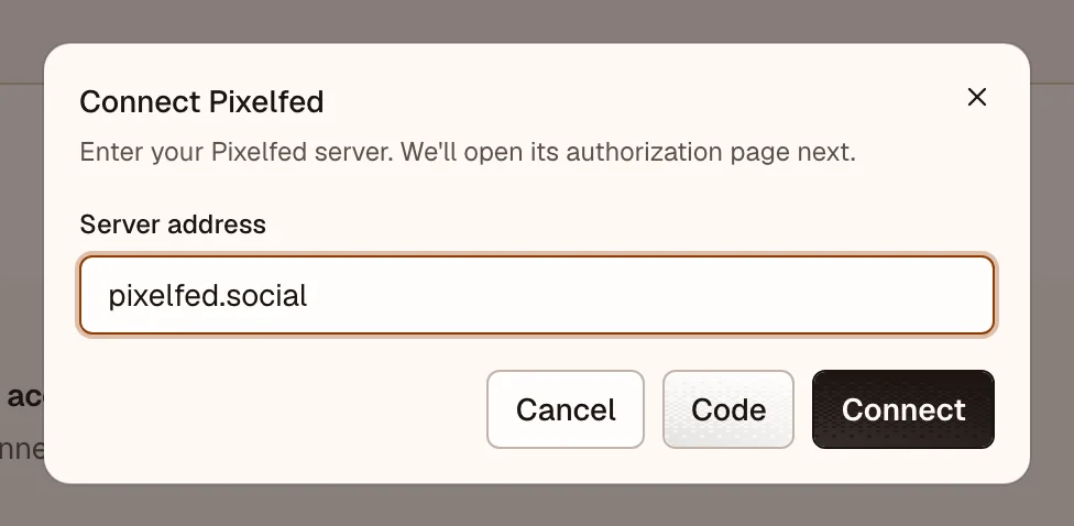 OpenPost connection dialog for Pixelfed server address