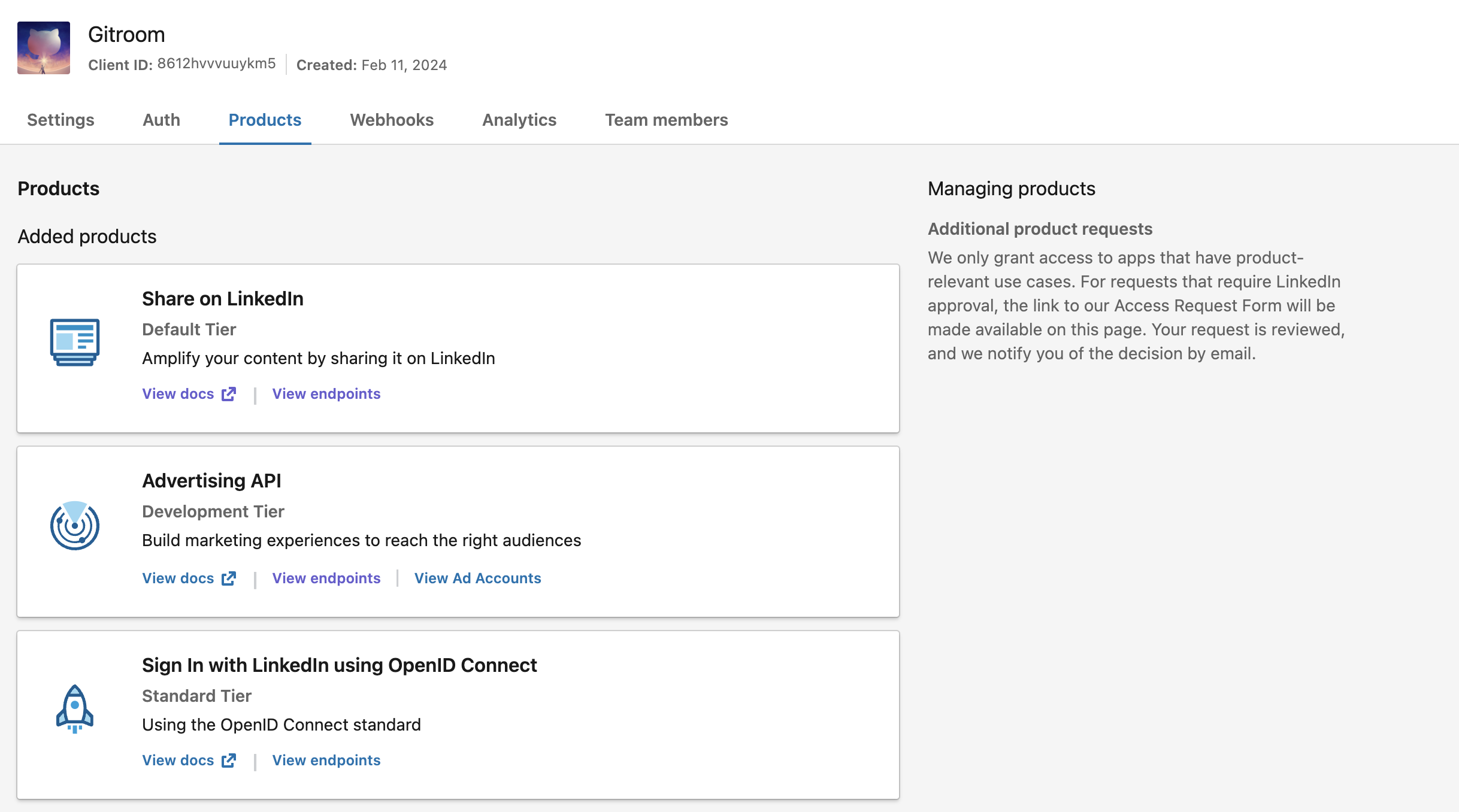 LinkedIn Products tab with Share on LinkedIn and Sign In with LinkedIn using OpenID Connect