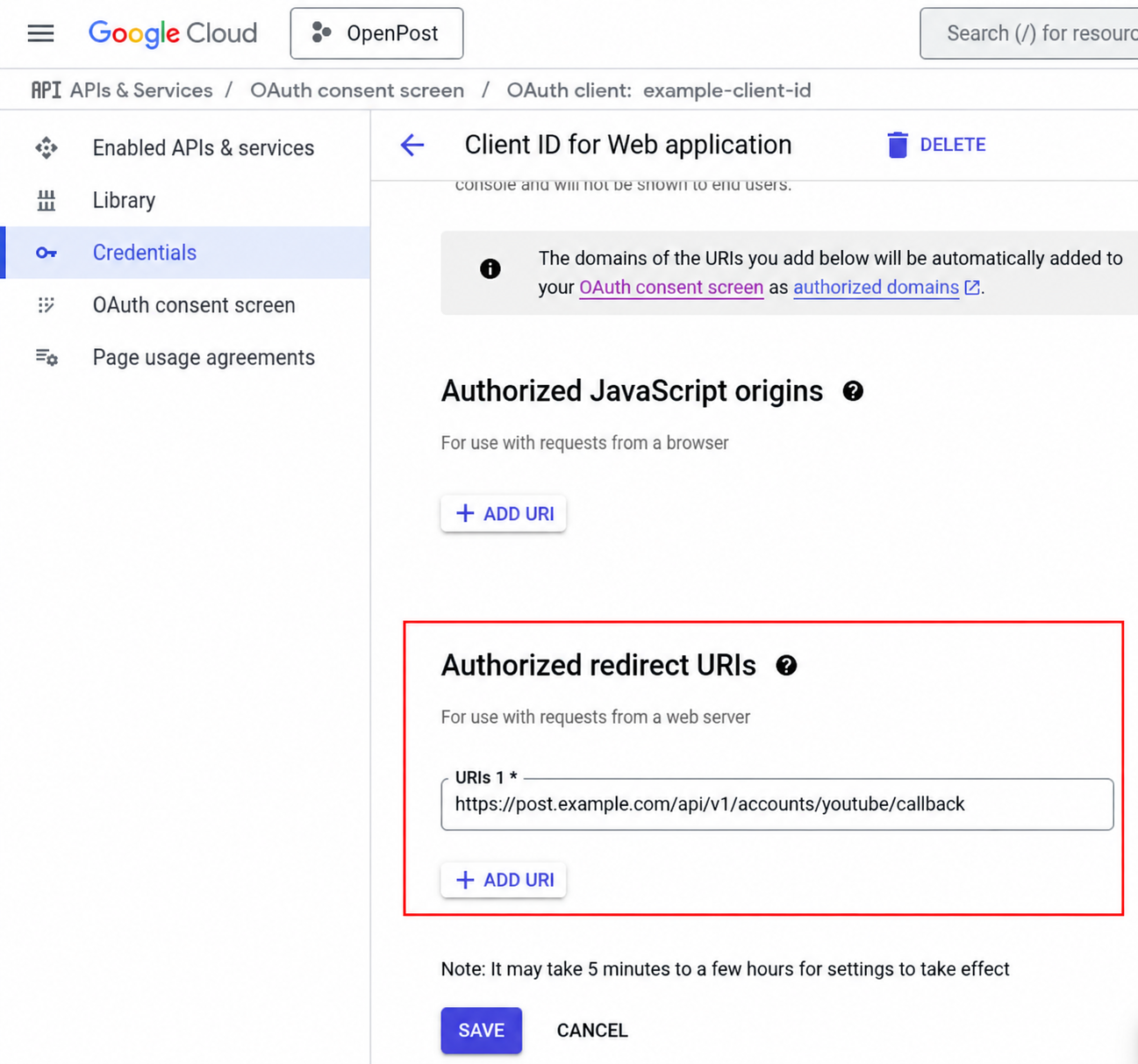 Google OAuth web application client with the example OpenPost YouTube redirect URI